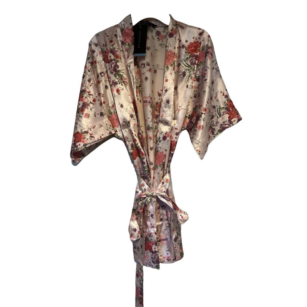 Alexander Del Rossa Robe Womens Small Floral 3/4 Sleeve Wrap Kimono Satin Blend